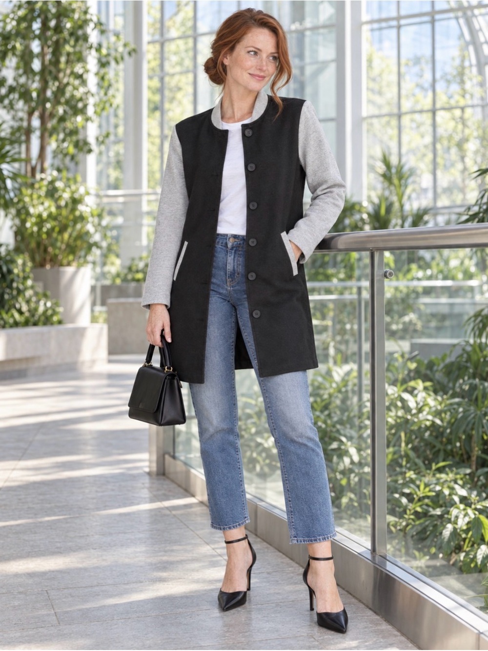 Two-Tone Black and Light Gray Button-Front Trench Coat
